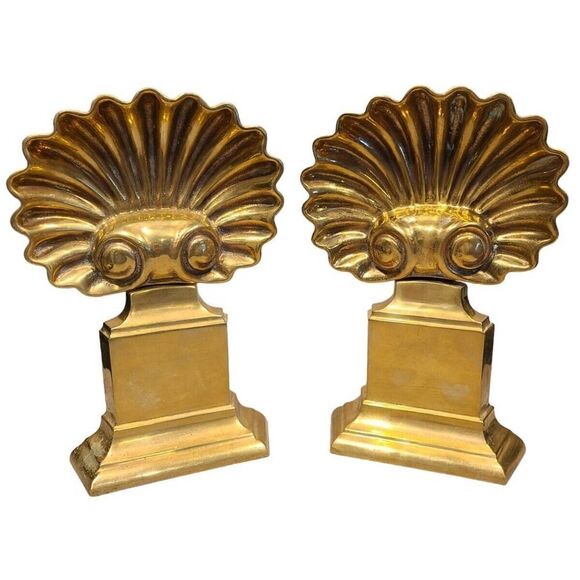 Vintage 12" Brass Art Deco Hollywood Regency Andirons Shell Motif Fireplace EUC - Picture 2 of 10